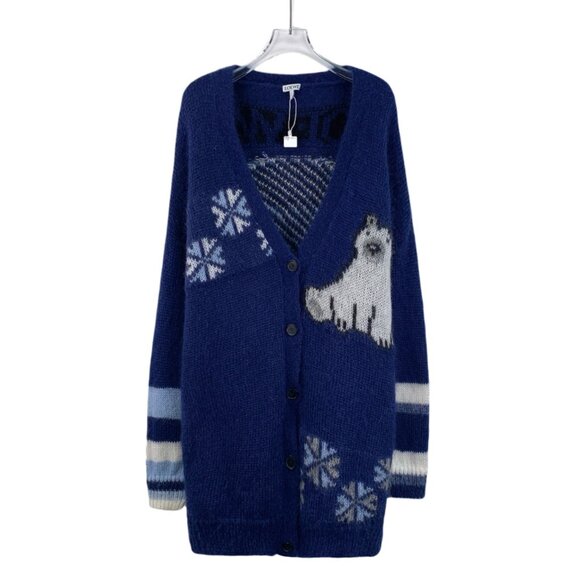 Loewe Navy Blue Snowflake Inlay Mohair Single-Breasted Long Sleeve Knit Sweater